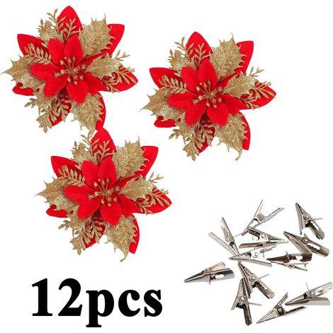 12 Stück künstliche Weihnachtssterne mit Pailletten, Dekorationen von Noël, (Rouge)