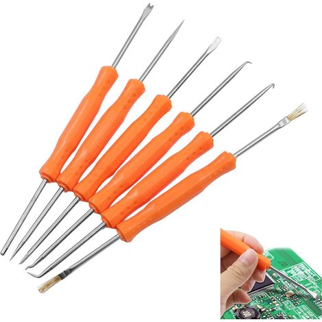 Kit de Soudure 6 Pièces, Outils de Soudure de Circuit imprimé Double Face Ensemble d'Outils de Soudage de PCB Comprend Brosse,Grattoir,Fourchette,Crochet,Poinçon pour Réparation de Soudure (1/5)
