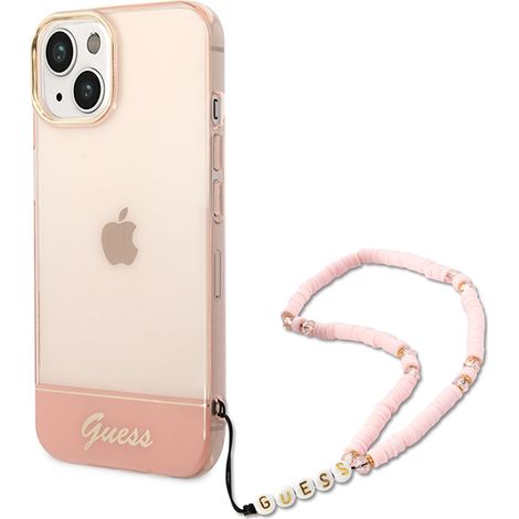 Funda rígida Guess GUHCP14MHGCOHP para iPhone 14 Plus / 15 Plus de 6,7 pulgadas, color rosa/rosa, con correa de perlas translúcidas. (1/5)