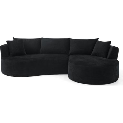 Sofá de 3 plazas con chaise longue derecha, tejido de cordón suave, negro, con portavasos y cojines (1/5)
