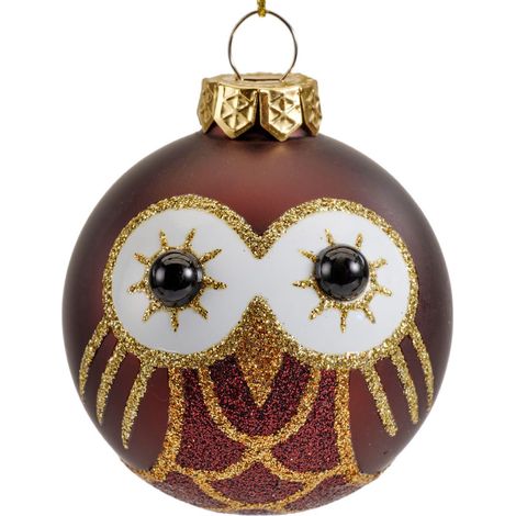 Kaemingk – Boule de Noël chouette – Brun foncé mat et doré pailleté, verre, Ø 6 cm