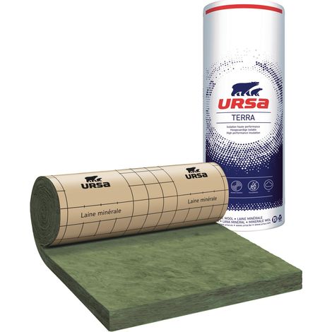 Ursa – 8 rouleaux laine de verre PRK 35 TERRA revêtue kraft – Epaisseur 100mm – Longueur 8100mm – Largeur 600mm – R 2.85 – Isolation thermique et acoustique (1/4)