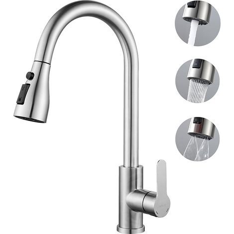 Robinet Cuisine avec Douchette - Mitigeur Cuisine avec Bec pivotant à 360°, 4 Modes de Pulvérisation, Arc Élevé, Acier Inoxydable Robinet pour éviers de Cuisine à 1 trou (1/5)