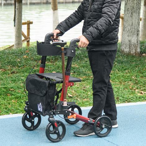 Déambulateur 4 roues pliable en aluminium rangement freins doubles rouge hauteur réglable 6 positions 64x67x92cm finition de qualité