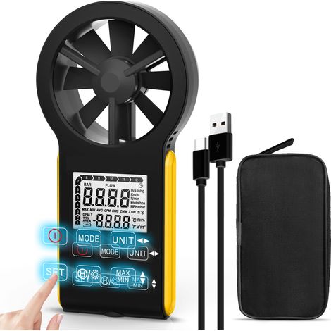 Digitales Anemometer, Anemometer mit Temperaturmessung, Windgeschwindigkeitsmessung 0,3–30 m/s, Luftdurchsatzmessung 0–999.900 ft³/min, Max/Min/Echtzeit-Anzeige für Heizung, Lüftung und Klimaanlage, H