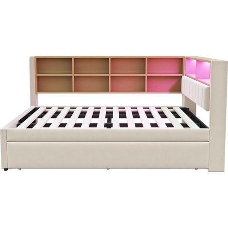 Divano letto multifunzione beige 140 x 200 cm con letto estraibile 90 x 190 cm LED USB (1/5)