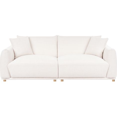Sofá 3 plazas moderno de tela con cojines decorativos patas de madera blanco crema Jubek (1/5)