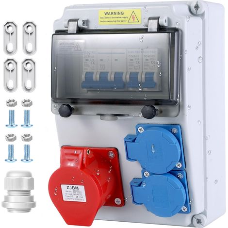 Tableau Électrique 16A, Coffret Électrique de Chantier 230V, 2 x 16A Schuko+ 400V 16A CEE avec Disjoncteur, Boîtier étanche IP66, Coffret de Chantier pour Ateliers-Répartiteur Mural pré-câblé (1/5)