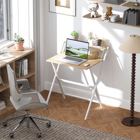 Bureau pliable 65,5 x 45 cm avec étagère de rangement pour chambre, petits espaces, bois naturel (1/5)