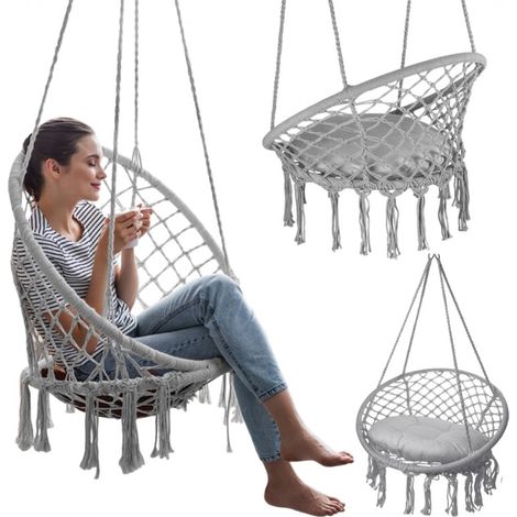 Hängesessel „Storchennest“, Hängematte, Boho-Stil, Schaukel mit Kissen, Grau KR33SZ