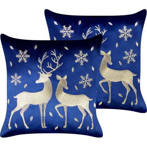 Set di 2 cuscini decorativi in tessuto velluto da lancio Motivo natalizio Cervi 45 x 45 cm Blu Meringa