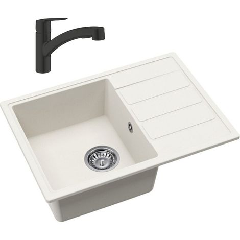 62x44 cm kit évier avec égouttoir réversible en Granite, à encastrer, blanc + mitigeur de cuisine Grohe Start (SATSE2WG303)