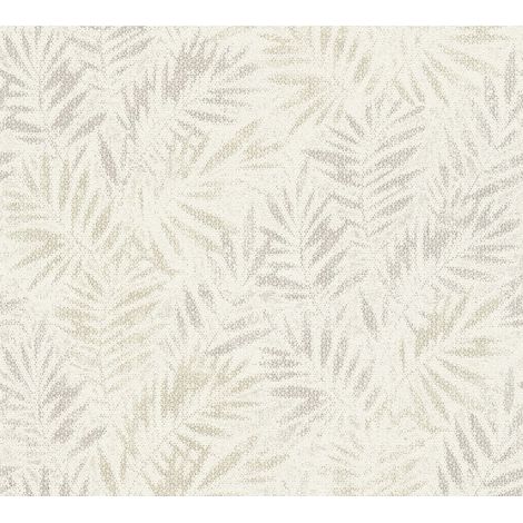 Papier peint feuillage beige sur fond crème effet métallique Tapisserie texturée aspect textile Papier peint nature style tropical idéal chambre (1/5)