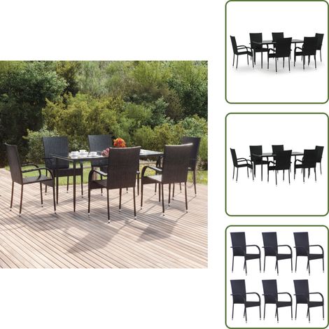 Rattan PE - vidaXL Set da Pranzo da Giardino 7 pz Nero in Polyrattan - Vetro temperato