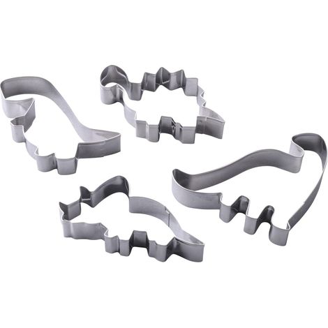 Zenker Set di 4 stampini a forma di dinosauro in acciaio inox, perfetti per backsessioni creative con bambini, lavabili in lavastoviglie, design dino, argento (1/5)