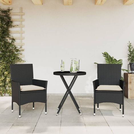 3-tlg. Bistro-Set mit Kissen Schwarz Poly Rattan und Glas (1/5)