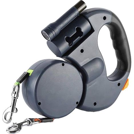 Laisse pour chien double, laisse pour chien rétractable, rotation réglable à 360° sans enchevêtrement avec bandes réfléchissantes, lampe de poche et distributeur de sac à déjections canines. (1/5)