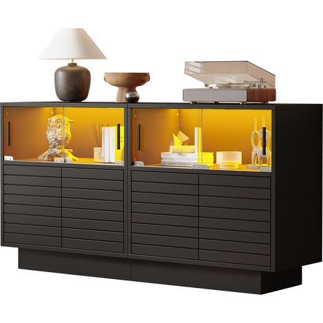 Buffet Noir 130 cm avec LED et 4 Portes Vitrées Coulissantes, Bahut Industriel Moderne pour Salon, Meuble de Rangement Enfilade 130x35x68cm