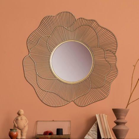 Miroir mural fleur 77x77 cm en métal doré