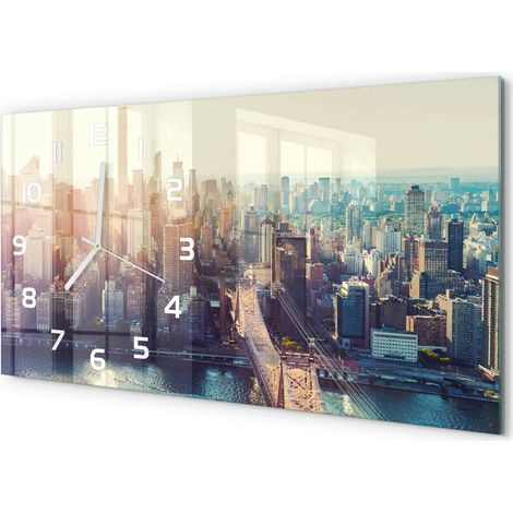 Horloge Murale Panoramique 60x30 cm en Verre Trempé Silencieuse Design Moderne Vol d'oiseau à New York (1/5)