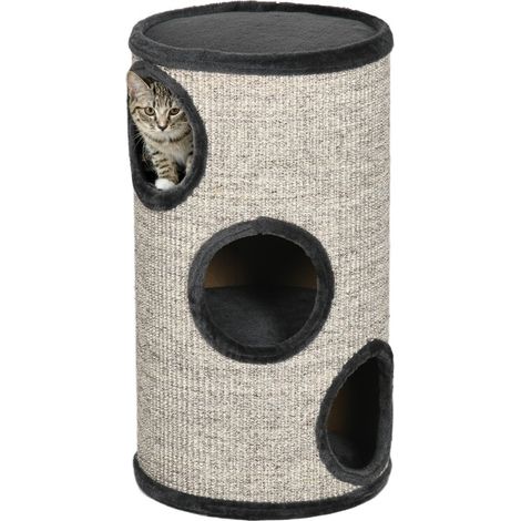 Tonne à griffer pour chat 3 niveaux avec sisal, niches douces en tissu peluche, structure bois, Ø38 x 70 cm, gris clair, pour jeu et repos  CHICFURN (1/5)