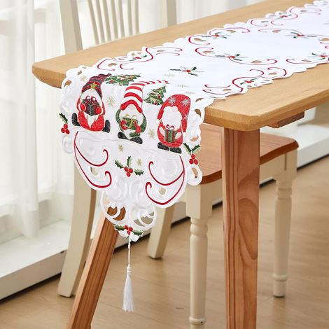 Camino de mesa navideño bordado, decoración de mesa navideña de poliéster rojo, mantel rectangular para fiestas de invierno, bodas y comedores. (1/5)