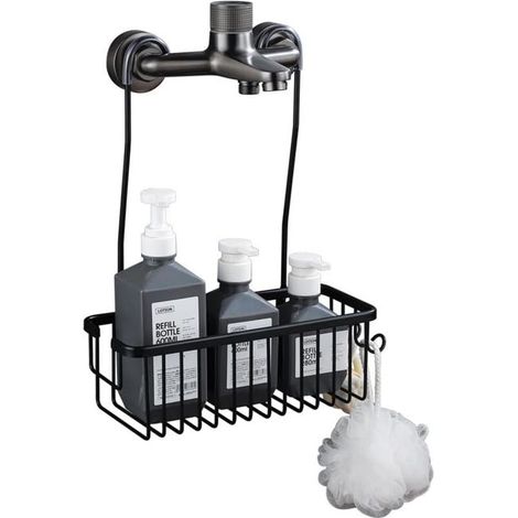 Support de Douche Suspendu en Aluminium, Panier de Douche sans Perçage, Étagère à Fixer sur le Mitigeur, Noir (1/3)