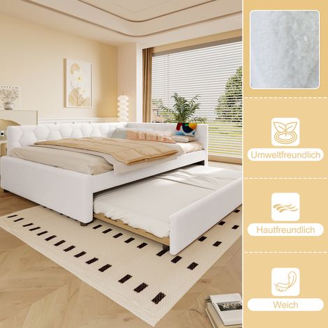 Canapé-lit 140x200 cm, lit de repos à lattes sans matelas, avec lampe de chevet et port USB-C, lit gigogne multifonctionnel, revêtement tissu doux effet polaire, blanc (1/5)