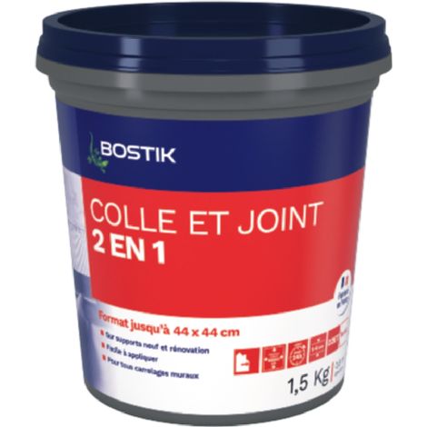 Bostik Colle Pâte et Joint 2 en 1 – Colle Carrelage Mural Améliorée et Joint de Carrelage Prêt à l’Emploi – Idéale pour Cuisine et Salle de Bain – Gris – Seau de 1,5 kg