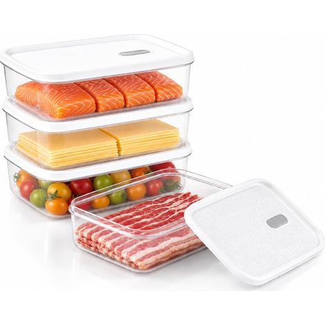 Boîtes de Conservation Alimentaire 4 Pièces, Boîte Bacon avec Couvercle, Rangement Charcuterie Transparent Empilable, 950 ml par Boîte, pour Frigo, Jambon, Fromage, Tranches, Meal Prep (1/5)