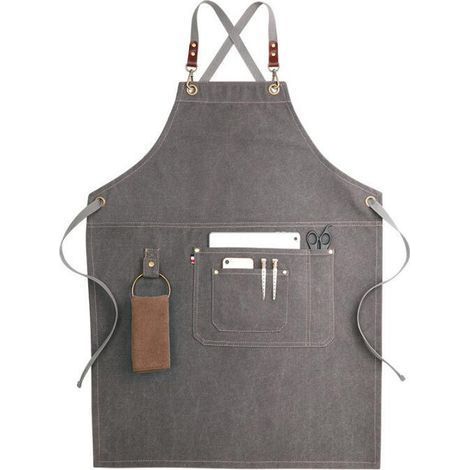 TAISHENGDA-Tablier en cuir unisexe avec sangle en tissu Grill Chef de cuisine avec poche Croisées Gris (1/5)