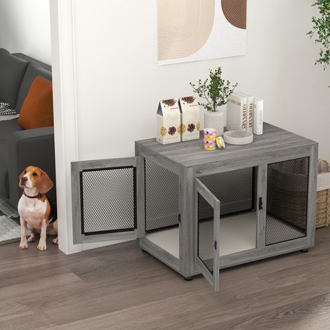 Jaula para perros, (94x60x71.5 cm), con 2 puertas, cojín lavable, patas ajustables, madera contrachapada gris (1/5)