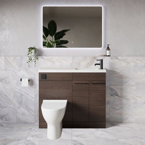 Napoli 250 Brown Oak 1000mm 2 Door Vanity Unit Toilet Suite with Round Silvo Basin - 1000mm - Matt Black 160mm HandleWith Jubilee Toilet Pan and Seat