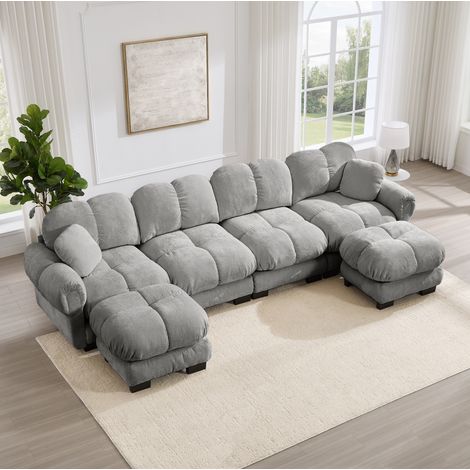 Modulares U-Sofa 330/149/90 cm aus Chenille in Hellgrau mit 2 beweglichen Hockern (1/5)