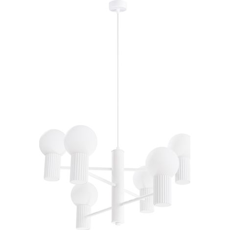 Lampadario moderno bianco con corpi in vetro scanalato e sfere bianche 6xG9 8W HALO Sollux Lighting