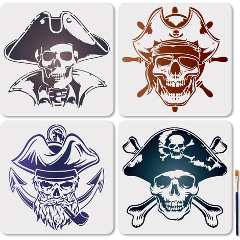 4 pochoir de Capitaine en Forme de Tête de Mort Réutilisable pour Aventure Nautique pour Peinture 30x30cm Modèle de Dessin de Bateau Pirate avec Pinceau pour Décoration Murale Sol Bois (1/5)