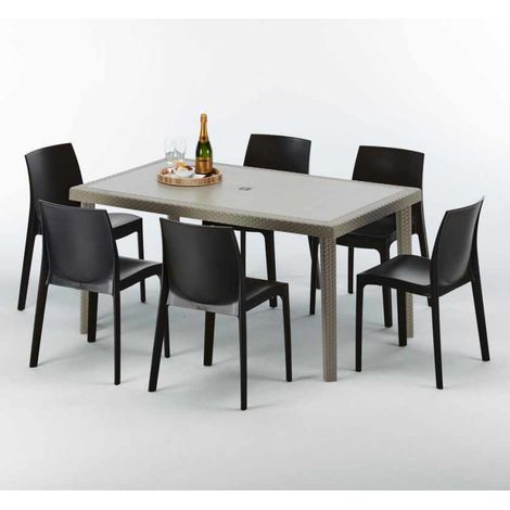 Polyrattan Tisch Rechteckig mit 6 Bunten Stühlen 150x90 Beige Marion