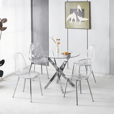 Conjunto de mesa de comedor redonda 80x80x75 cm de cristal y metal plata, moderno FloraGrace (1/5)