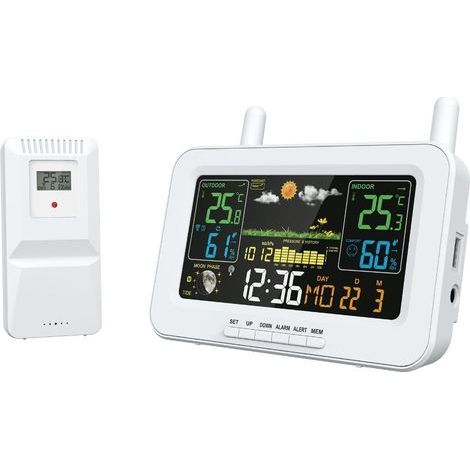 Station météo 6 en 1 avec capteur extérieur de 100 m et prévisions météo précises sur 4 jours, moniteur de température et d'humidité intérieur/extérieur (blanc) (1/5)