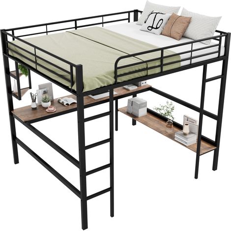 Lit mezzanine 140x200 avec bureau, bibliothèque et étagères, structure en métal noir, gain de place pour chambre, ado ou adulte CHICFURN (1/5)