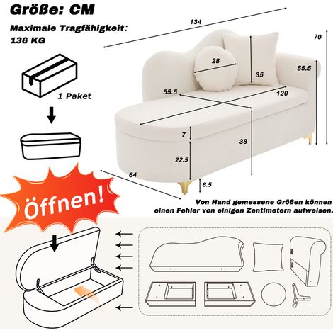 Chaise longue multifonctionnelle avec rangement, 134 cm, design moderne, dossier ondulé, tissu peluche, assise haute densité, lombaire & cervical (1/4)