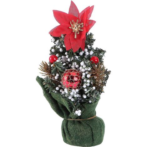 Mini-Schreibtisch für Zuhause, Schlafzimmer oder Wohnzimmer, künstlicher Weihnachtsbaum mit Tannenzapfen, Schleifen, Geschenken, Ornamenten, Dekorationen (rote Blume) (1/2)