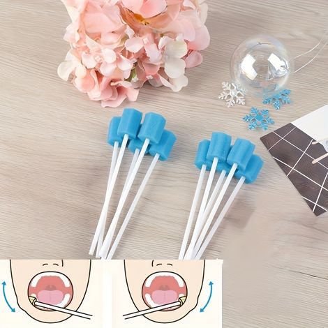 100 Pièces Bâtonnets Éponge Jetables pour Soins Buccaux avec Brosse Microfibre Douce, Retrait Doux de Plaques pour Dents et Gencives, Adaptables au Voyage, Bleu (1/5)