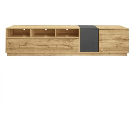 Meuble tv 200 cm design épuré contrasté avec compartiments ouverts et passe-câbles, style moderne