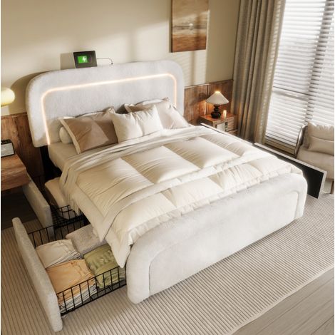 Cama tapizada Sherpa blanca 140x200 cm con LED, USB-C, 4 cajones y cabecero ajustable (1/5)