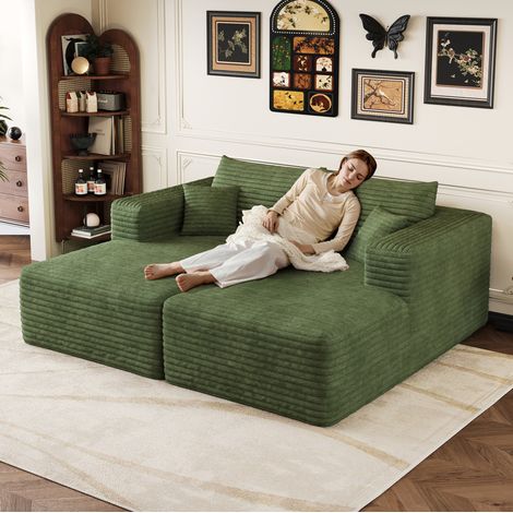 Sofá modular (180x151x58 cm), sin montaje, tejido de pana suave, verde