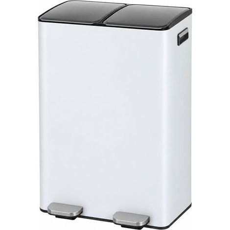 Poubelle de tri sélectif rectangulaire à 2 compartiment en métal Blanc avec 2 pédales-Longueur 45 x Profondeur 36 x Hauteur 71,5cm (1/5)