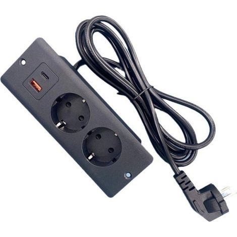 Multiprise encastrable - - 2 prises de courant - 1 port USB - 1 prise USB-C PD20W - Câble 1,5 m