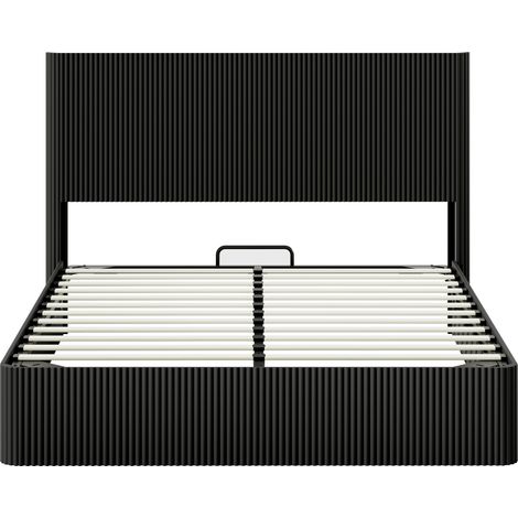 Schwarzes Bett mit Bettkasten 160 x 200 cm, hydraulischem Hebesystem und Rillen-Kopfteil (1/5)