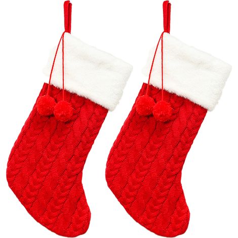 Chaussette De Noël - Tricotée Câblé - Intérieur Non Tissé - Pour Décoration Maison Arbre Ou Cheminée - Lot De 2 (1/5)